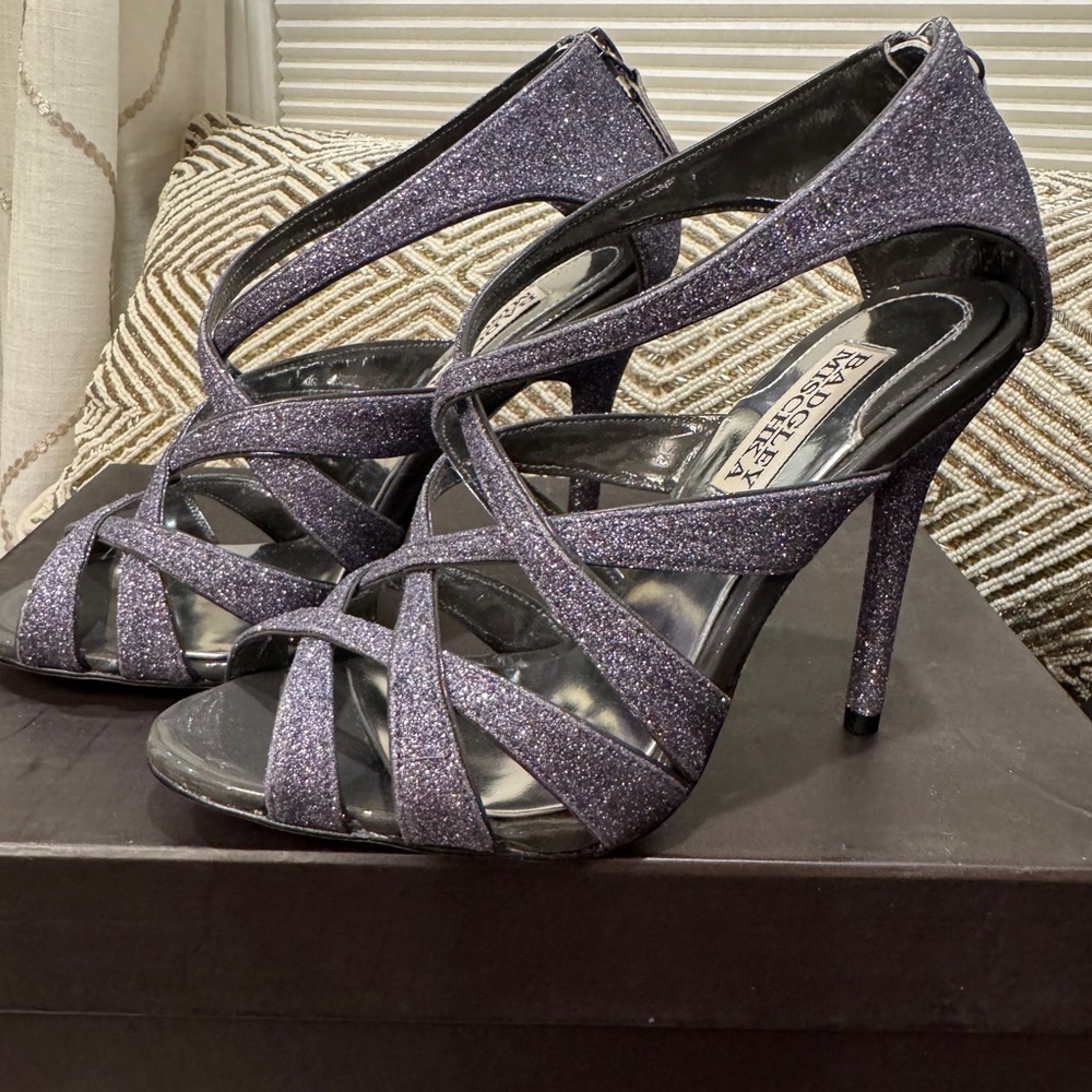 Badgley Mischka Evening Junebug Sandal Black Glitter Stiletto Heel Sz 7 EUC